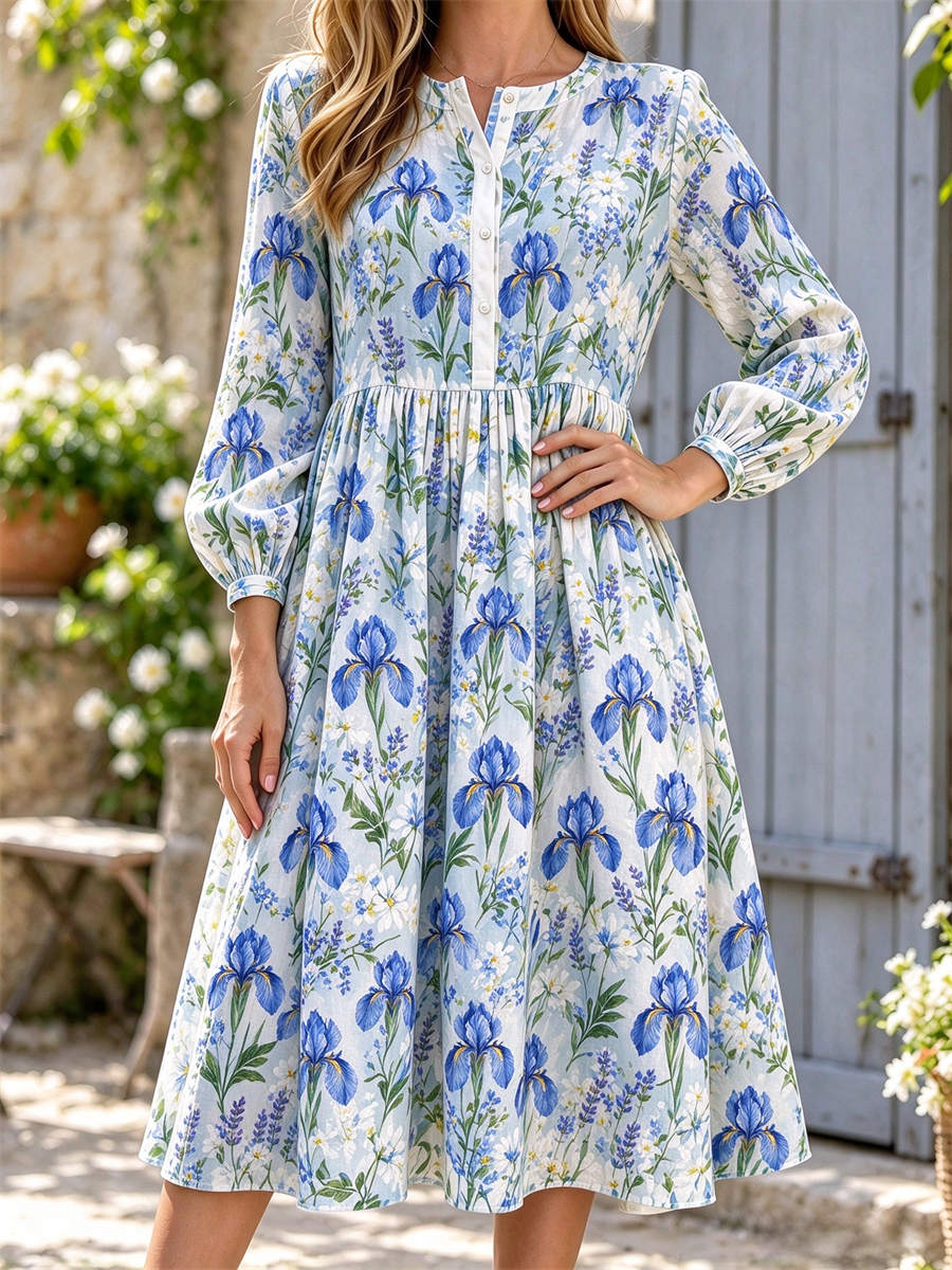 Women's White Blue Iris Floral Print Notch Neck Long Sleeve Midi Dress