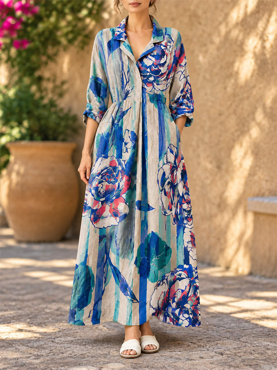 Women's Beige Blue Stripe Floral Print Lapel Collar Long Sleeve Maxi Shirt Dress