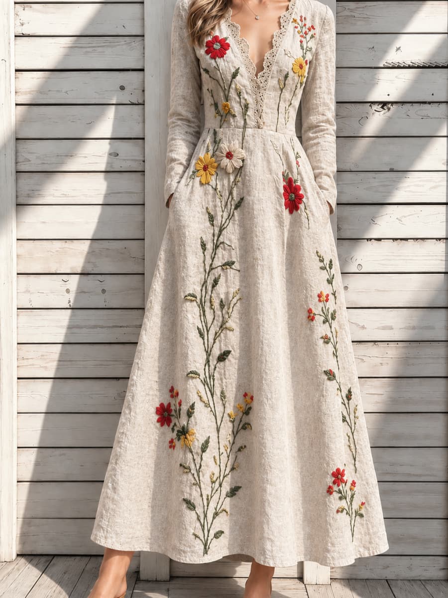 Women's Beige Floral Print Lace Trim V Neck Long Sleeve Maxi Dress
