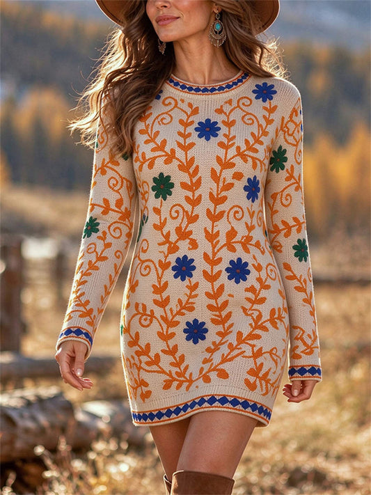 Women's Beige Floral Vine Print Round Neck Long Sleeve Mini Sweater Dress