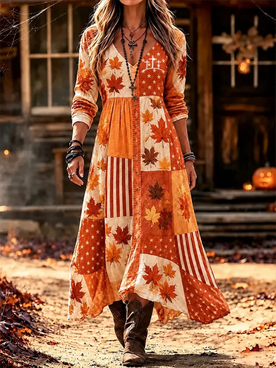 Women's Thanksgiving Orange Maple Leaf Stars Patchwork V Neck Long Sleeve Maxi Dress