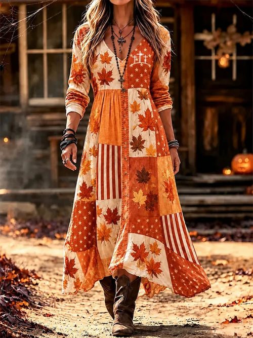 Women's Thanksgiving Orange Maple Leaf Stars Patchwork V Neck Long Sleeve Maxi Dress
