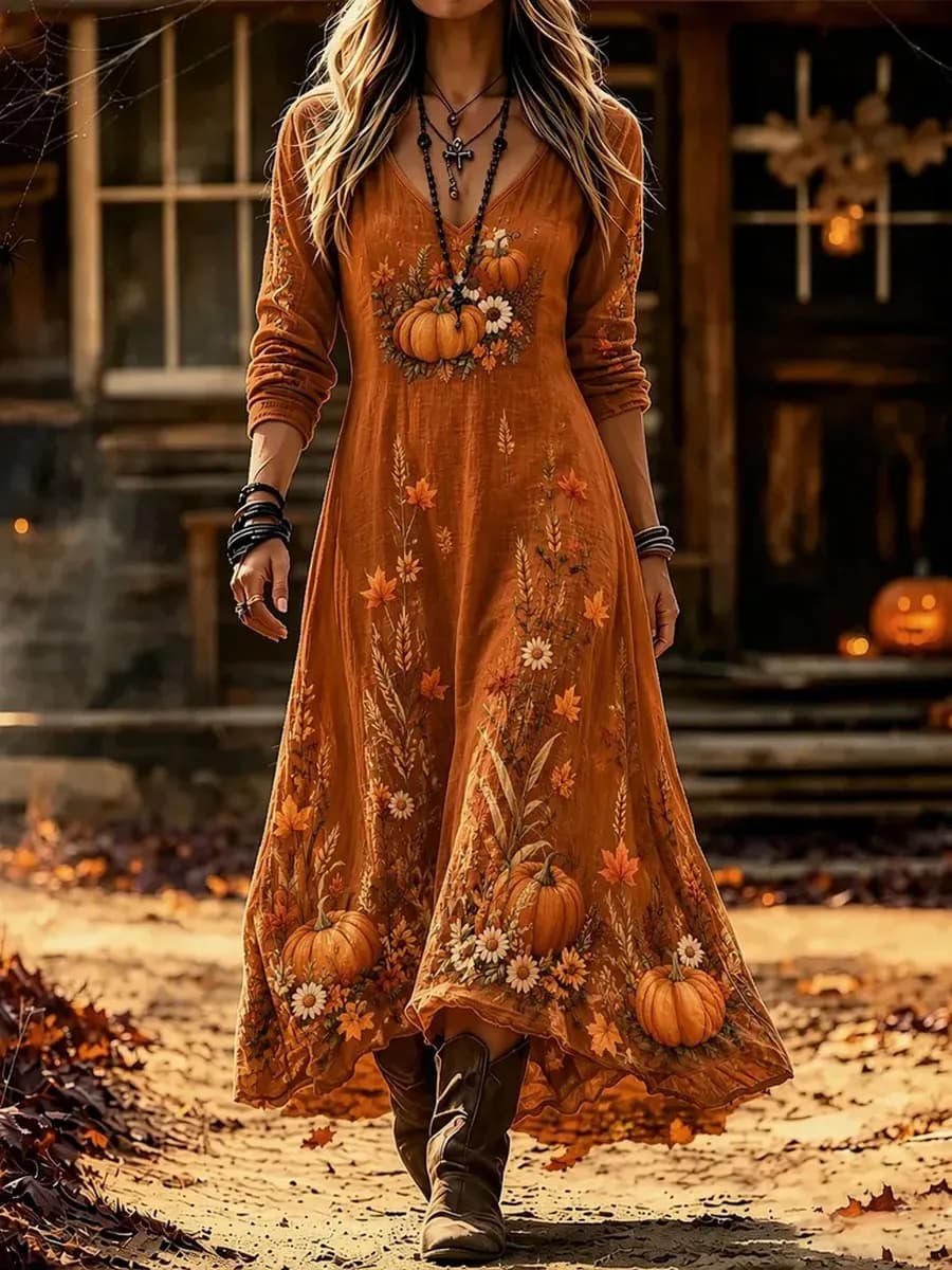 Women's Thanksgiving Orange Pumpkin Floral Print V Neck Long Sleeve Maxi Dress