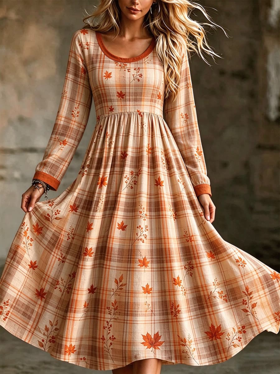 Women's Orange Plaid Maple Leaf Print Round Neck Long Sleeve Midi Dress