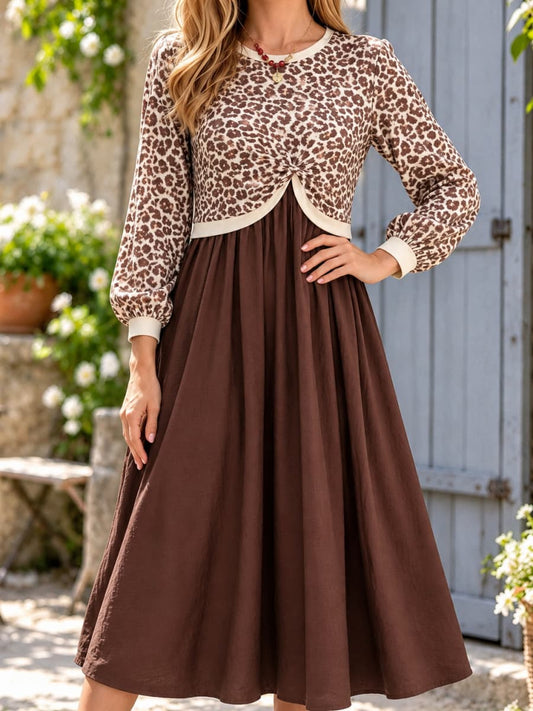 Women's Brown Leopard Print Spliced Round Neck Long Sleeve Midi Dress