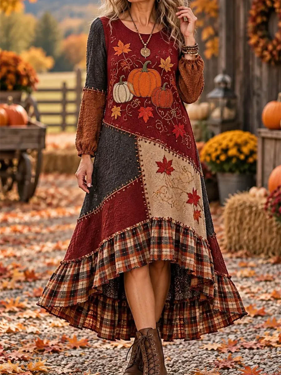 Women's Thanksgiving Multi Pumpkin Maple Leaf Round Neck Long Sleeve Midi Dress