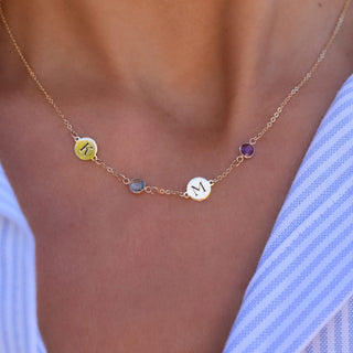 INSIDE NINA'S KLOSET 2 Letter & 2 Petite Birthstone Necklace in 14K Gold (Single Spacing)